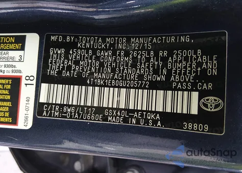 2016 Toyota Avalon Touring из США, поврежденный, VIN 4T1BK1EB0GU205772